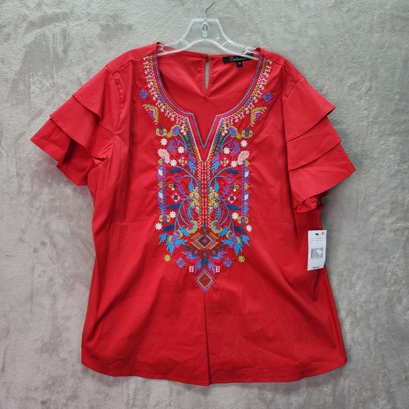 Calessa Tunic Womens Plus 2X Red Multi Embroidered Ruffle Sleeve Blouse Top - Picture 1 of 7